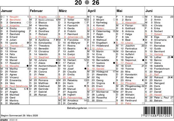 Produktbild Simplex Kalender mit Namenstagen A5 Querformat, 2026 (A5, Deutsch)