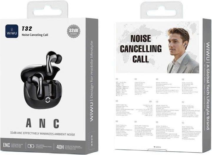 Actual product image Wiwu Wireless charger - TWS Earphones T32 with ANC function - black (ANC, 40 h, Wireless)