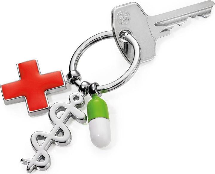 Troika GET WELL Schlüsselanhängern mit 3 Anhängern Asklepius, Kreuz, Pille, glänzend grau/mehrfarbig