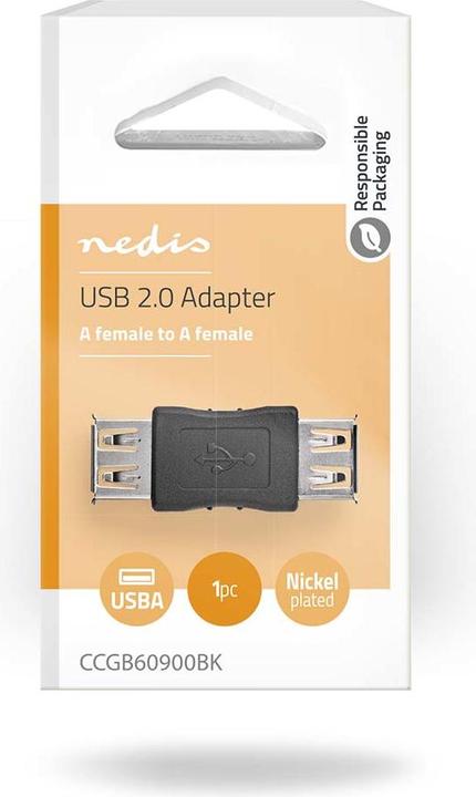 Actual product image Nedis USB adapter USB 2.0 USB-A female USB-A female Nickel-plated Straight PVC ABS Black Box Black (USB-A, 4.30 cm)