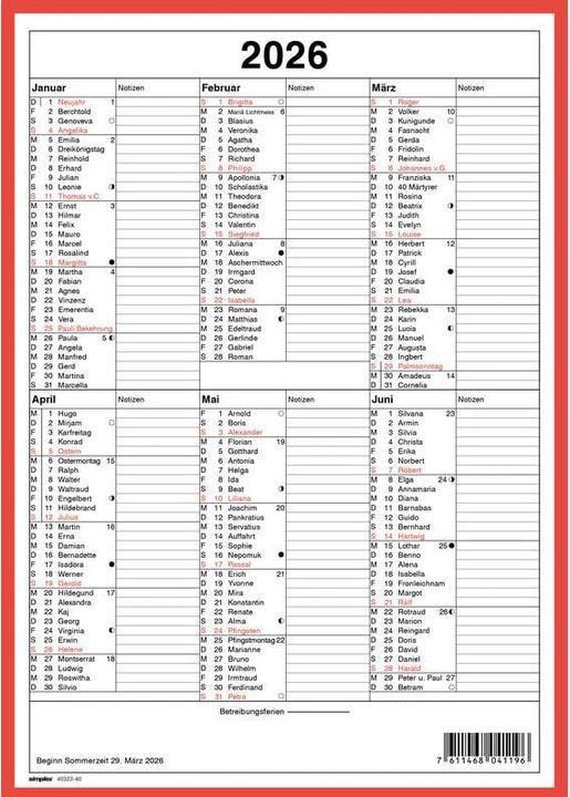 Produktbild Simplex Kalender mit Namenstagen A4 Hochformat, 2026 (A4, Harter Einband, Deutsch)