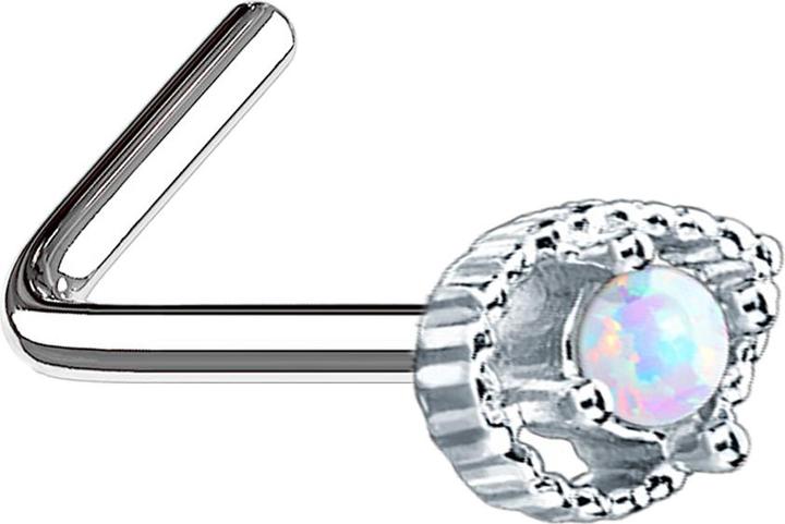 Star Piercing Nasenstecker gewinkelt silber Tropfen mit Opal weiss (Chirurgenstahl 316L, Messing)