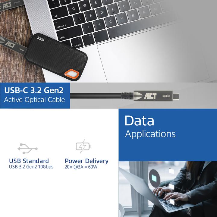 Actual product image USB-C 3.2 Gen2 Active Optical Cable (AOC), for touch panels, video, data, power, 3m (3 m, USB 3.2 Gen 2)