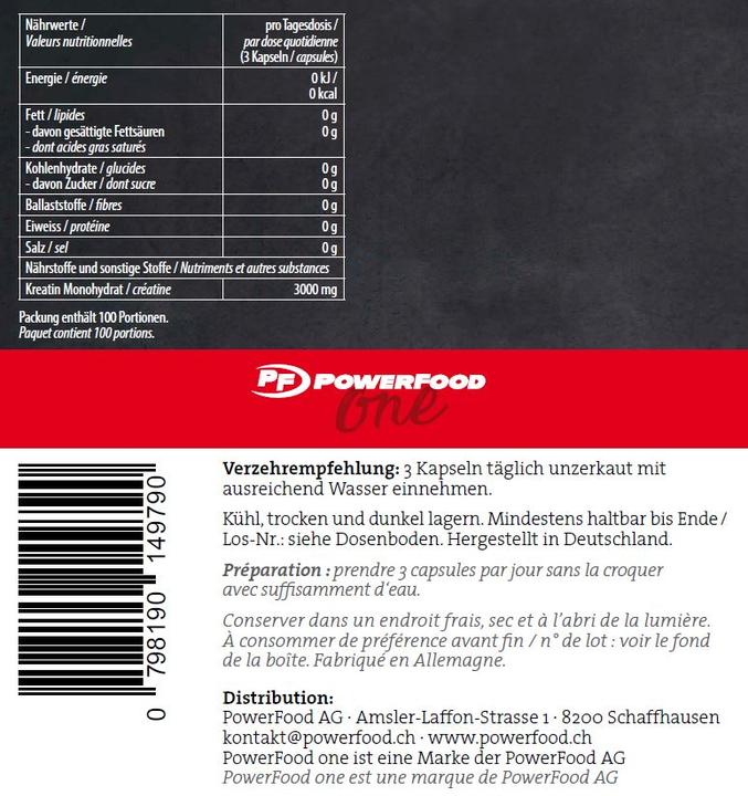 Valori nutrizionali e ingredienti PowerFood One Creatina di alta qualità (300 Pezzo/i, Pillole, 348.90 g)