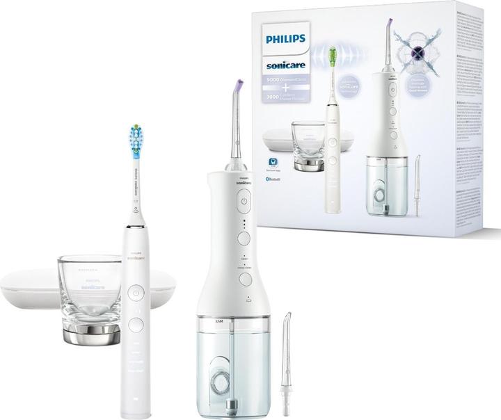 1x C3 Bürstenkopf, 1x F3 Quad Stream-Düse, 1x DiamondClean 9000, 1x Kabelloser Power Flosser, 1x USB-Ladekabel, 1x USB-Wandladegerät, 1x USB-Reiseetui, 1x F1 Standarddüse, 1x Ladeglas