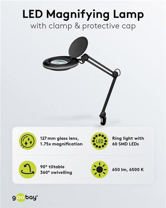 Image du produit Goobay Lampe loupe à pince à LED, 8 W, noire (650 lm)