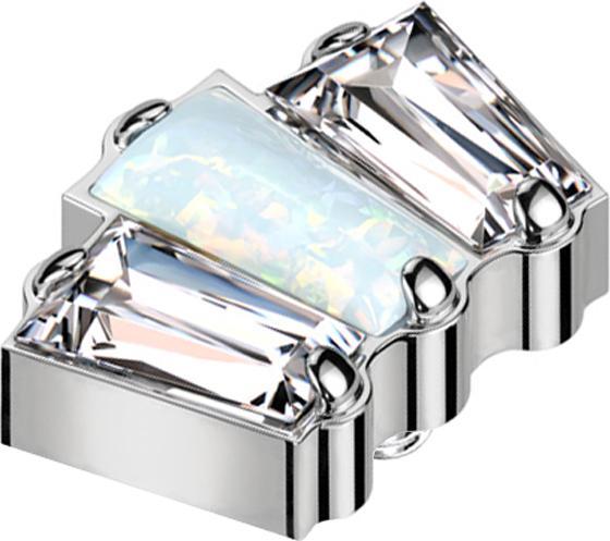 Star Piercing Dermal Anchor silber drei Baquette zwei Kristalle silber und ein Opal weiss (ohne Messing, Titan G23)