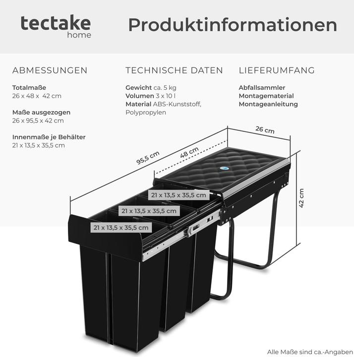 Image du produit tectake Abfallsammler Ashlyn, 3-fach Trennung, 30L, Teleskopschienen (30 l)