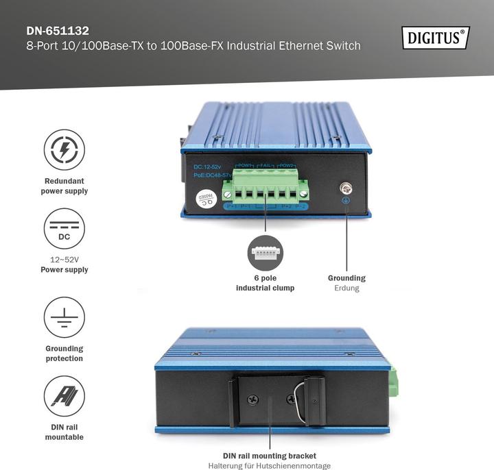 Image du produit Digitus Commutateur industriel Ethernet 8 ports 10/100BASE-TX + 1 port 100BASE-FX (8 Ports)