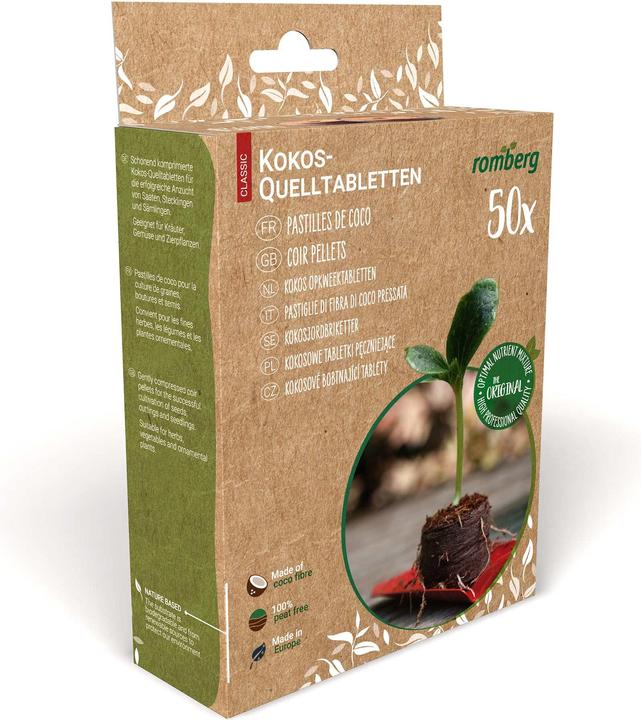 Actual product image Romberg Kokos-Quelltabletten für Pflanzenanzucht – 50 Stück, Ø 36mm Anzucht-Substrat mit leichter St