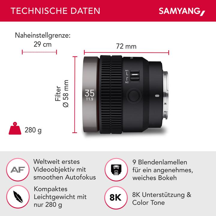 Produktbild Samyang V-AF 35mm f/1.9 FE Sony E (Sony E, APS-C / DX, Vollformat)