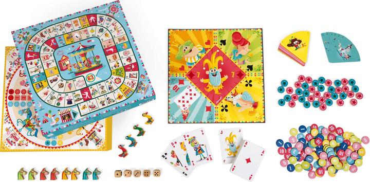 Produktbild Janod J02742 „Karussell“ Multi-Spielebox, klassische Familienspiele, Dame, Ludo, Nain Jaune, Quartett, Gän (Deutsch, Spanisch, Französisch, Niederländisch, Italienisch, Englisch)