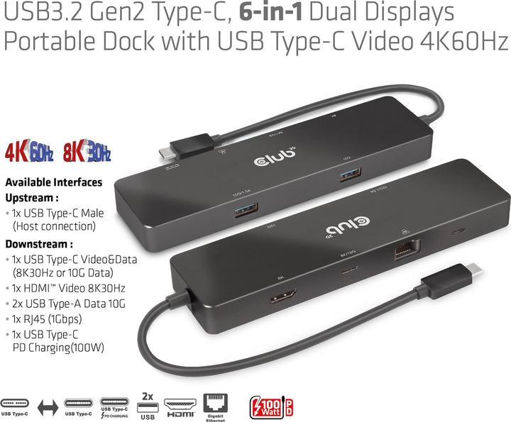 Productafbeelding Club 3D Club3D USB-C Dock > HDMI/USB-C(8K)/2xUSB/USB-C(PD100W)/RJ45 detailhandel (USB-C, 6 Havens)