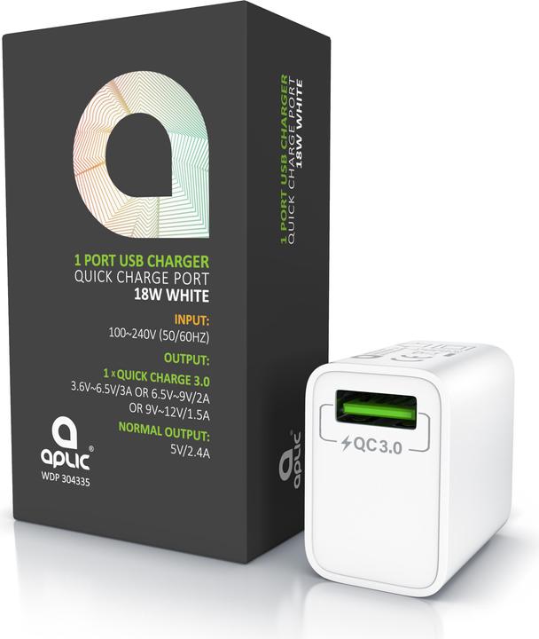 Produktbild Aplic USB Ladegerät 18W Quick Charge 3.0, Schnellladefunktion, für Smartphones, Tablets, weiss (18 W)