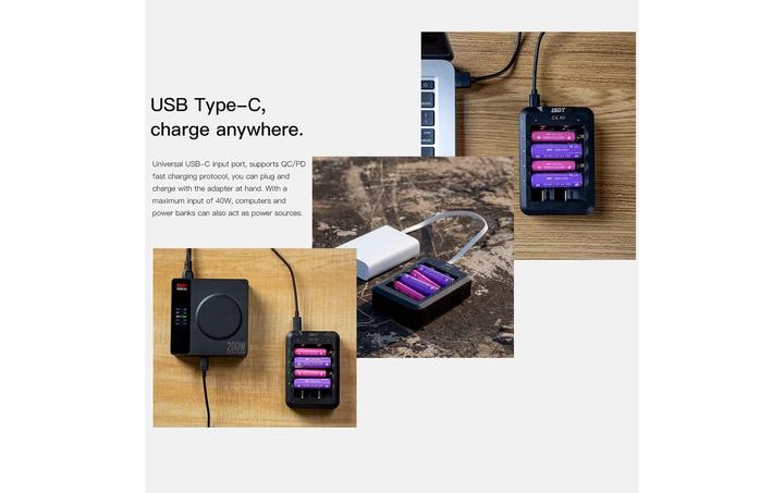 Actual product image Isdt Charger C4 Air USB-C, for NiMH & Li-ion (1 pcs., 10440, 10500, 12500, 13500, 14500, 14650, 16650, 17650, 17670, 18650, 18700, 20700, 21700, 22650, 26650, AAA, AA, Battery + charger)
