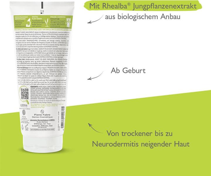 Valeurs nutritives et ingrédients A-Derma EXOMEGA CONTROL baume baume (Lait pour le corps, 200 ml)