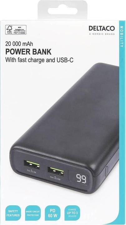Productafbeelding Deltaco powerbank 20 000 mAh, 1x USB-C PD 60W, 2x USB-A snelladen (20000 mAh, 60 W, 74 Wh)