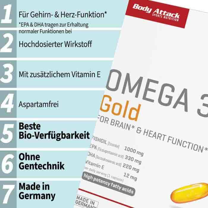 Nährwerte und Zutaten Body Attack Omega 3 Gold (120 Stück, Kapseln, 160 g)