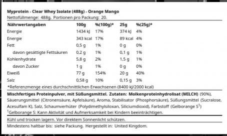 Nährwerte und Zutaten MyProtein Clear Whey Isolate (Orange, Mango, 1 Stk., 488 g)