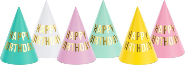 Partydeco Cappelli da festa Happy Birthday pastello, 16 x 11 cm, 6 pezzi