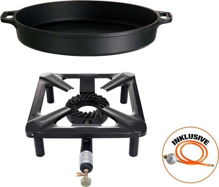 Produktbild All'Grill Hockerkocher-Set (klein) mit Gusseisenpfanne Ø 40 cm inkl. Gasschlauch & Regler (40 cm, Gusseisen)