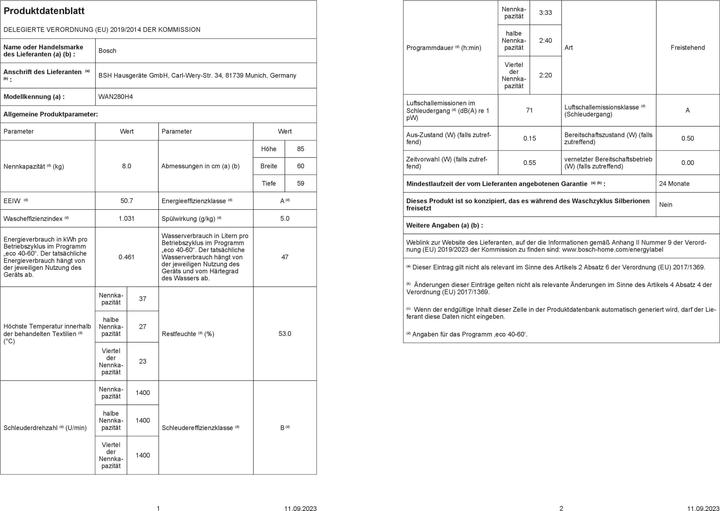 Produktbild Bosch Hausgeräte WAN280H4 (8 kg, Links)