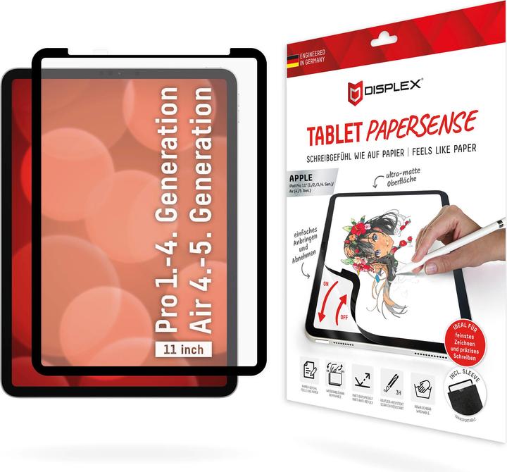 Immagine prodotto Displex Tablet Papersense, iPad Paper Feeling Schutzfolie (1 Pezzo/i, iPad Pro 11 2018 (1. Gen), iPad Pro 11 2021 (3a generazione), iPad Air 2020 (4. Gen), iPad Air 2022 (5a generazione), iPad Pro 11 2020 (2. Gen), iPad Pro 11 2022 (quarta generazione))