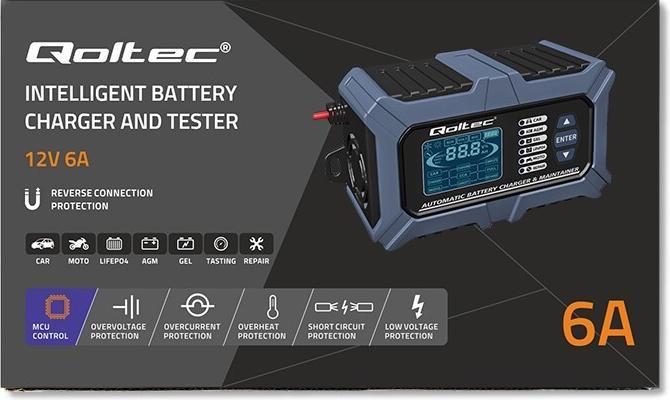 Immagine prodotto Qoltec Inteligentna mikroprocesorowa ładowarka z testerem baterii i funkcją naprawy 12V | 6A | LCD | (12V, 6 A)