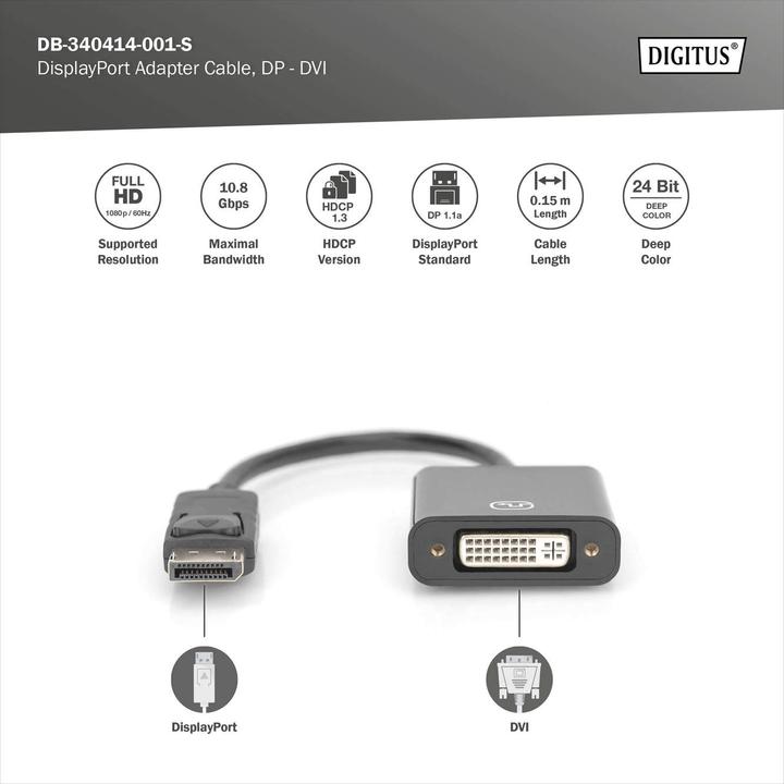 Produktbild Digitus Aktiver DisplayPort Adapter / Konverter, DP auf DVI (DVI, Mini DP, 15 cm)