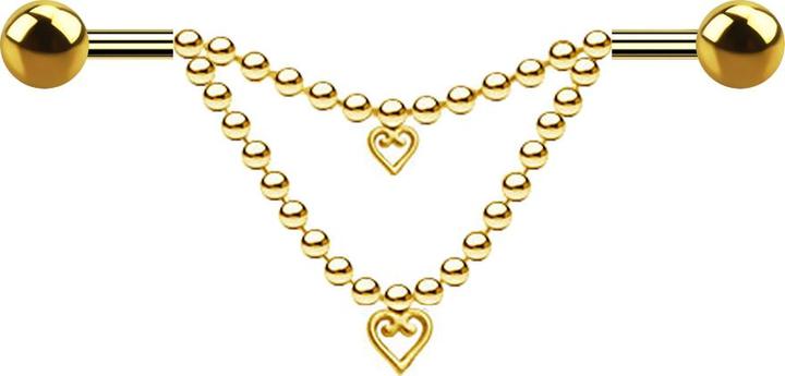 Star Piercing Barbell vergoldet zwei Kugeln zwei Ketten Herz (Chirurgenstahl 316L)