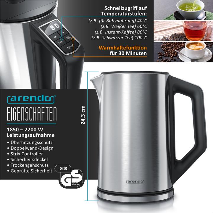 Produktbild Arendo Frühstücks Set, Wasserkocher 1,5l Temperaturwahl, 4-Scheiben Toaster & Eierkocher für 7 Eier, Silber