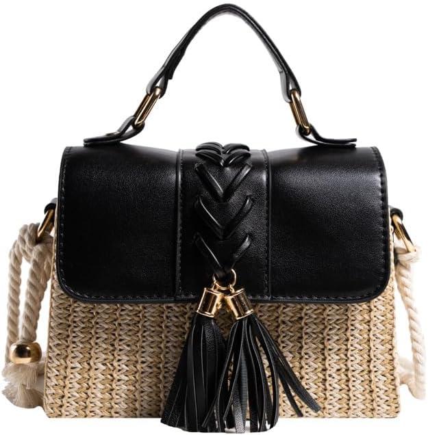 Image du produit Only-Bags.Store Sac à main en paille tressée avec décor de houppes, mini sac de plage à bandoulière, poignée en