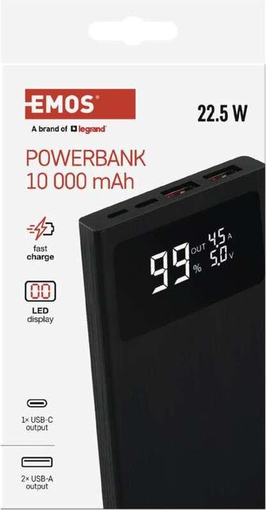 Produktbild Emos Powerbank BetaQ 10, 10 000 mAh, 22,5 W, schwarz (10000 mAh, 22.50 W, 37 Wh)