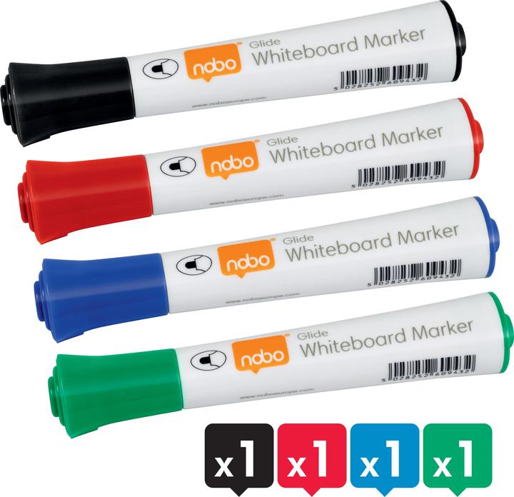 Nobo Glide board marker ass. (4) (green and black, Blue, assorted: 1 piece each in red, 3 mm, 4 x)