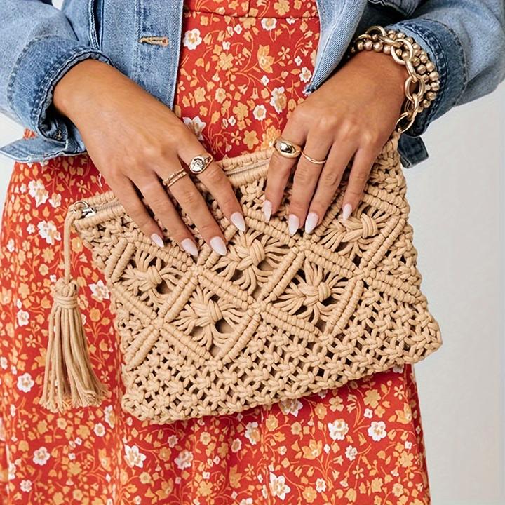 Immagine prodotto Only-Bags.Store Pochette in paglia intrecciata, pochette scavata, borsa da viaggio casual per la spiaggia estiva