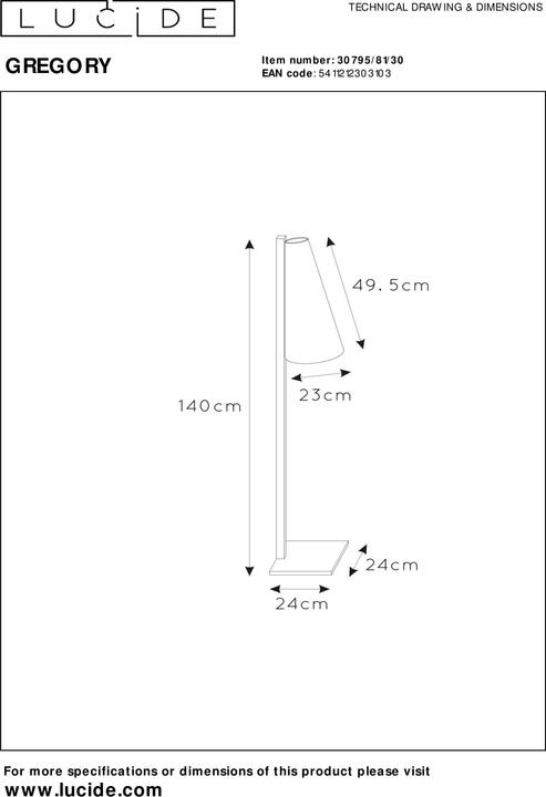 Image du produit Lucide GREGORY - Lampadaire - 1xE27 - Noir 30795/81/30 (E27)
