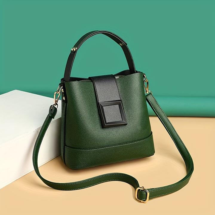 Only-Bags.Store Elegant Solid Color Faux Leather Bucket Bag with Adjustable Strap - Versatile Crossbody & Handbag