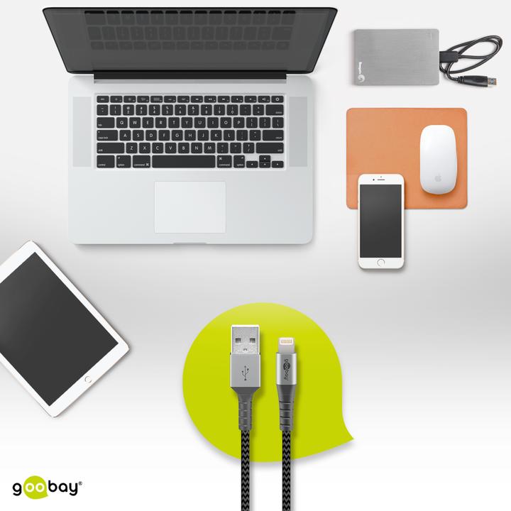 Produktbild Goobay Lightning auf USB-A Textilkabel mit Metallsteckern (space grau/silber) 2 m, 2 m, Schwarz-Grau (2 m, USB 2.0)