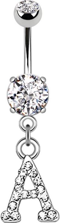 Star Piercing Banane silber mit Anhänger Kristall Buchstabe A (Messing, Chirurgenstahl 316L)