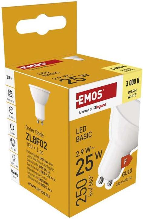 Produktbild Emos LED Lampe Basic MR16 / GU10 / 2,9 W (25 W) / 250 lm / Warmweiss (GU10, 2.90 W, 250 lm, 1 x, F)