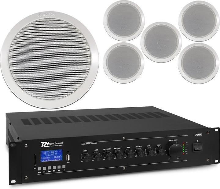Produktbild Power Dynamics Deckenlautsprecher Set mit 6 weissen gebauten Lautsprechern - 100 V - einschliesslich B (Passiv, 1x 100 W)