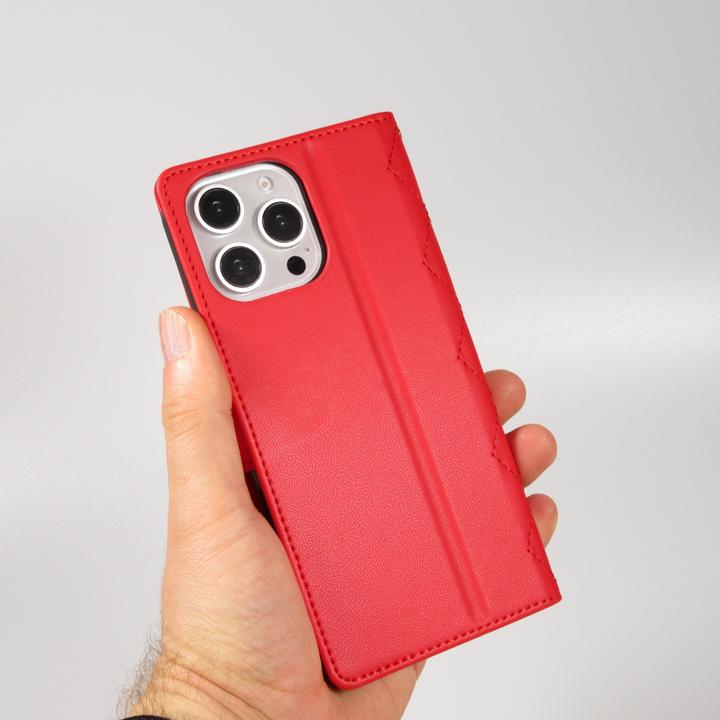 Produktbild PhoneLook Hülle Elegante Flip-Matratze mit Magnetverschluss Trageschlaufe und Kartenfächern Rot (Apple iPhone 16 Pro Max)