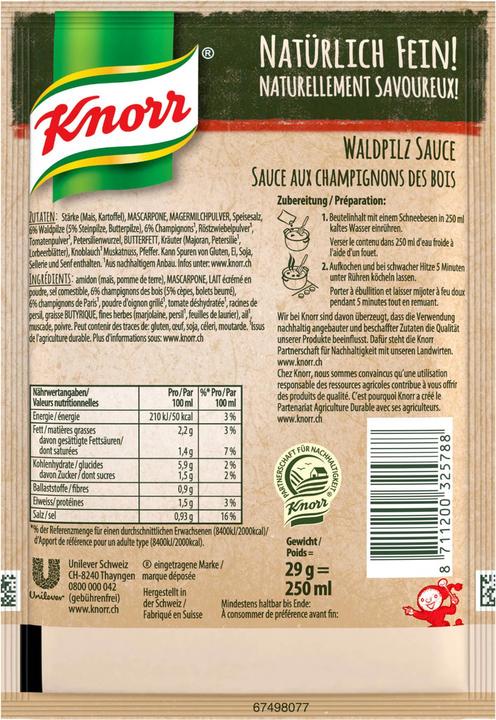 Nährwerte und Zutaten Knorr 100% Natürlich Waldpilz Sauce Beutel mit feinen Champignons, ideal zu Pilz, Fleisch & Pasta (33 g)