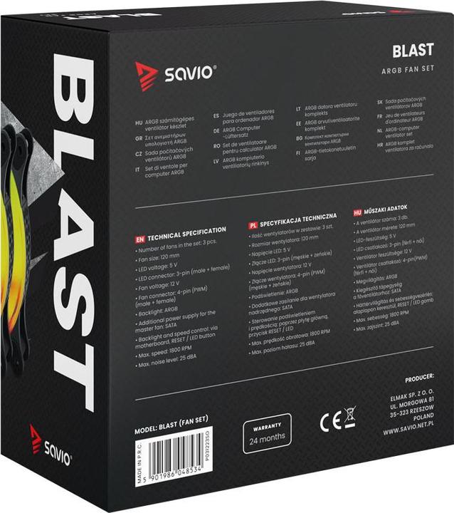 Produktbild Savio 3er-Set ARGB BLAST LÜFTERSET 3 x 120 mm 3-polig 5 V 4-polig 12 V (120 mm, 3 x)