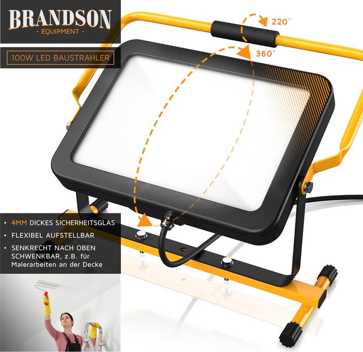 Produktbild Brandson Baustrahler, 100W LED Arbeitsleuchte, Tragegriff, 10000 Lumen, Bauscheinwerfer, 4m Kabel, IP65 (9500 lm)