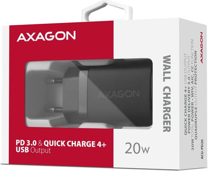 Image du produit Axagon ACU-PD20, chargeur pour prise murale 20W, 1x port USB-C, PD3.0/PPS/QC4+/AFC/Apple, noir (20 W)