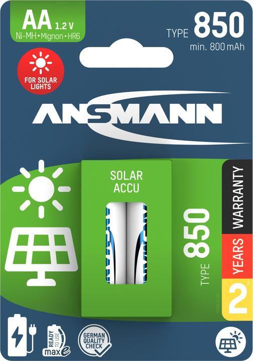 Actual product image Ansmann Solar NiMH battery Mignon AA type 850 (min. 800 mAh) maxE (2 pcs., AA, 800 mAh)