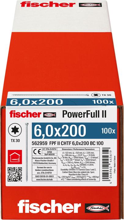 Energie-Label Fischer PowerFull II 6,0x200 ZK TX VG blvz 100 (100 Schrauben pro Stück)
