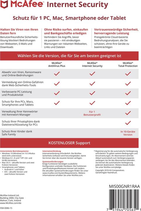 Produktbild McAfee Internet Security (1 User, 12 Monate)