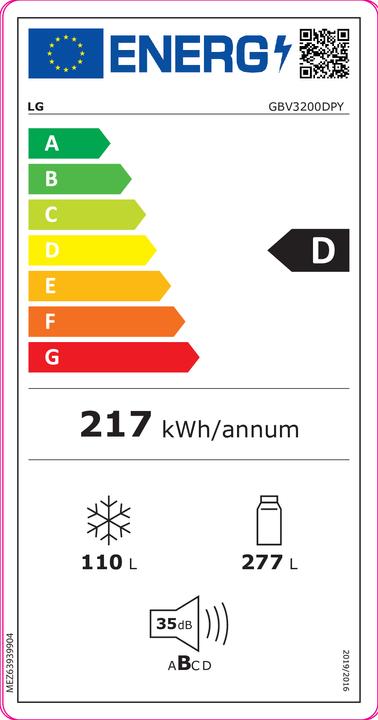 Energy Label LG REFRIGERATOR GBV3200DPY (Stand-alone, 419 l)